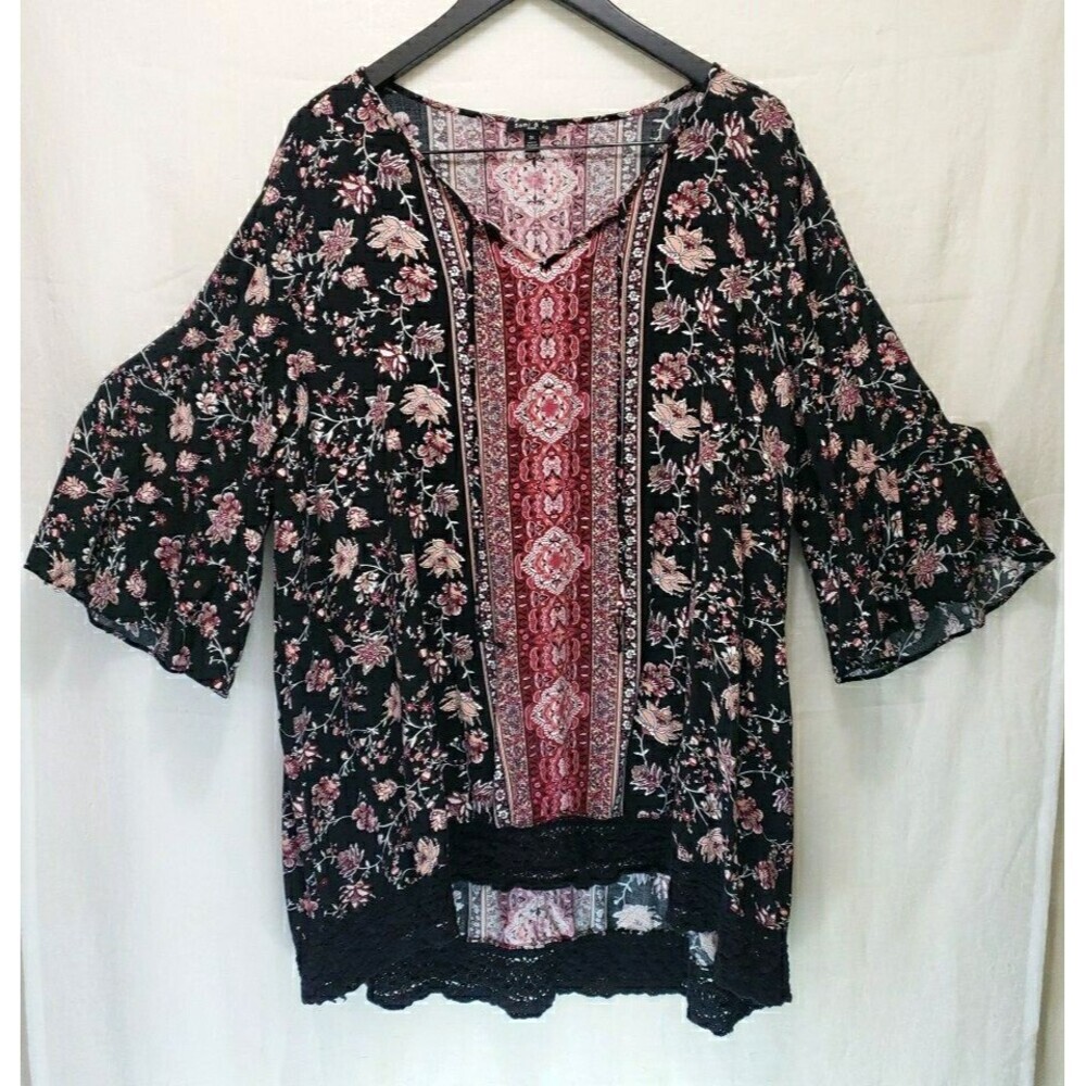 Sami & Jo Plus Size 3XL Blouse Flutter Sleeves Lace Trim V Neck Boho Chic